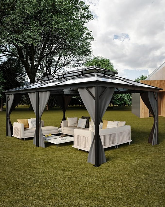 GarveeLife Hardtop Gazebo 12 ft x20 ft for All Weather, Double Polycarbonate Sheets Roof, Aluminum Alloy Frame, Net, and Curtain, Permanent Building for Patio, Deck, Backyard, Lawn, and Garden