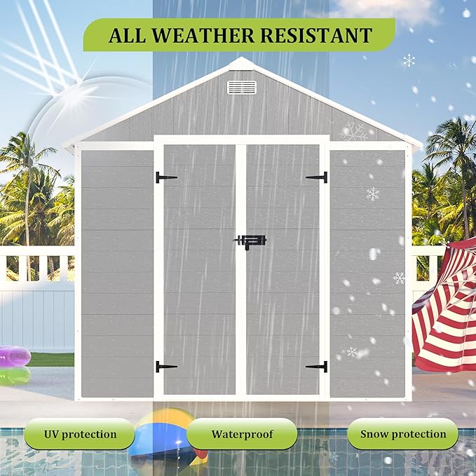 8X8 FT Resin Outdoor Storage Shed, Plastic Garden Sheds with Floor to Store Patio Furniture, Gardening Tools, Outside Patio Storage House with Window &Lockable Door for Backyard, Lawn, Grey