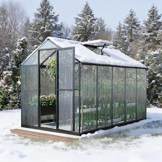 Aoodor 6 x 10 Ft Walk-in Greenhouse with Gutter, Polycarbonate and Heavy-Duty Aluminum Frame, Adjustment Skylight and Lockable 2-Sided Door for Patio, Outdoor, Yard, Lawn Use, Black
