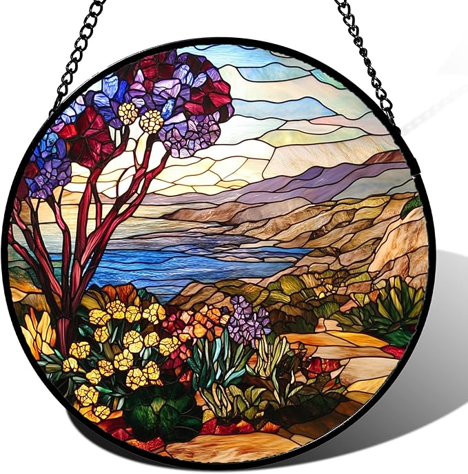QZQCBLC Stained Glass Window Hanging Retro Wildflowers Lake Mountain Scenery Large 15" - Suncatcher Door Garden Sun Catcher Home Decor Birthday Christmas for Mom Men Woman Friend