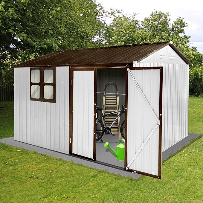 Metal Garden Sheds 10ftx8ft Outdoor Storage Sheds White+Coffee with Window, for Backyard, Patio, Poolside