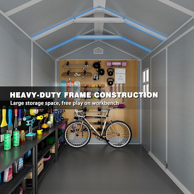 6x8 FT Resin Outdoor Storage Shed with Floor, Weather-Resistant Plastic Garden Shed with Windows, Lockable Door and Vents, Outside Tool Storage Sheds for Backyard, Garden, Lawn, Grey