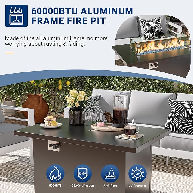 UDPATIO 6 Piece Aluminum Patio Furniture Set with Aluminum Fire Pit Table,Mordern Outdoor Furniture Set with Water-Proof Cover Included,White