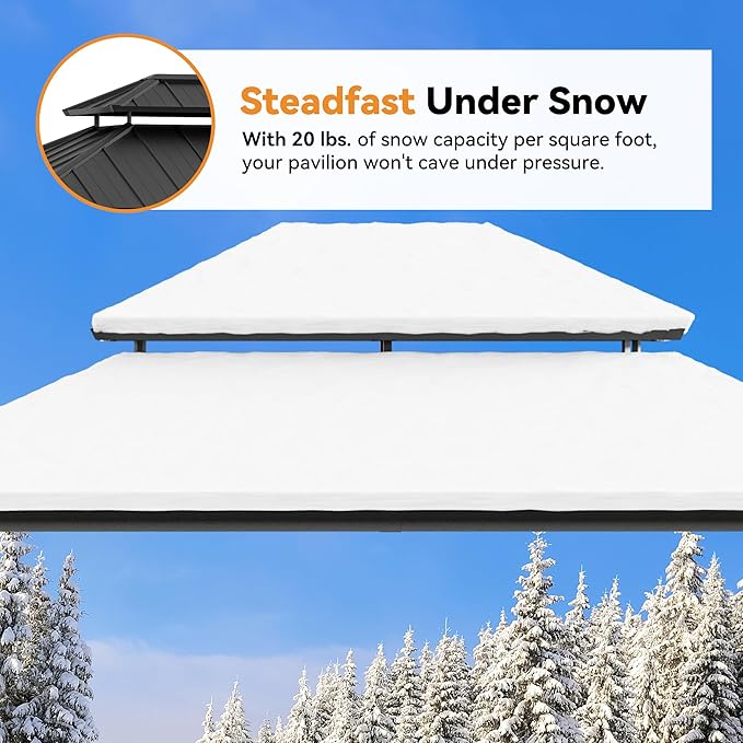 Modern Shade The Horizon Hardtop Gazebo 12' x 14' with 4 LED Lights, Permanent Outdoor Gazebo with Galvanized Steel Double Roof, Grill Pavilion with Decor Hooks, Mosquito Nettings, Wood Grain