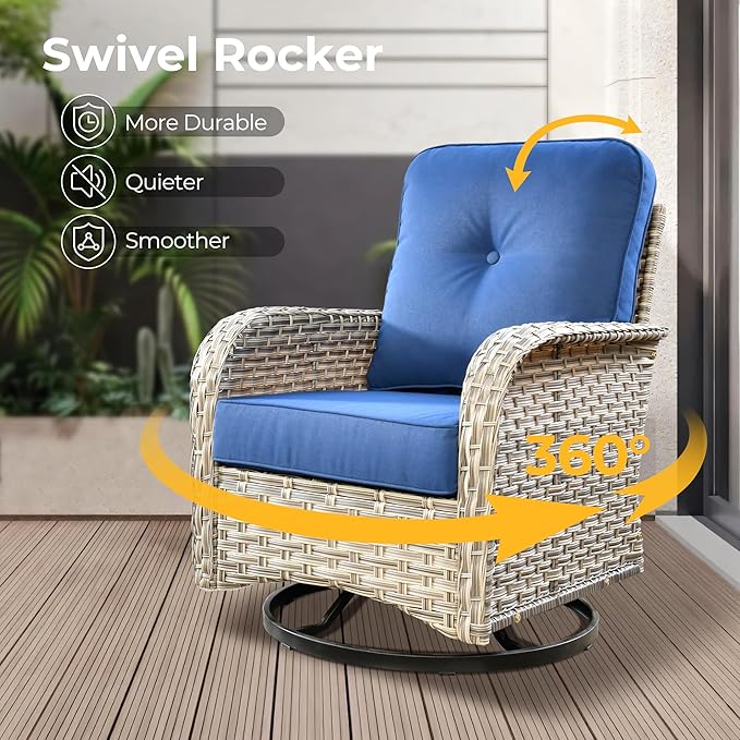 HOOOWOOO Outdoor Sectional Patio Furniture Set,9 Pieces Wicker Conversation Sets L Shaped Couch,Extra Deep Out Door Sofa Outside Furniture with Rocking Chairs,Navy Blue