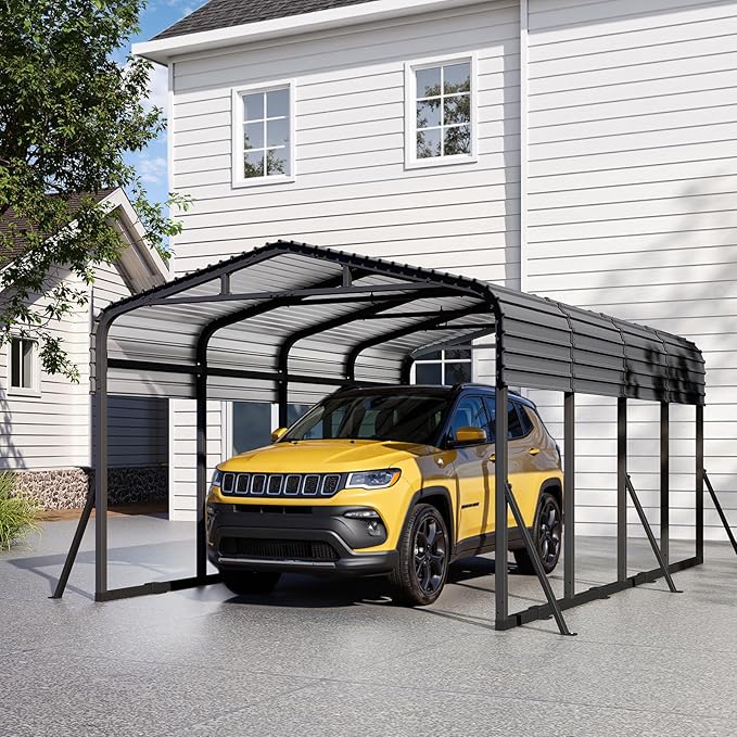 Heavy Duty Metal Carport Canopy, 12x20 FT Outdoor Car Port with Waterpoorf Metal Roof& Side Support Rods, Multi-Use Shelter Outdoor Garage for Car, Boats and Truck