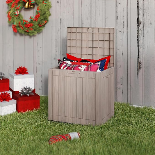 35 Gallon Small Waterproof Outdoor Storage Box, Resin Deck Box Lockable for Patio Furniture, Garden Tools, Pool Accessories, UV-Resistant for All Weather Use, Greige