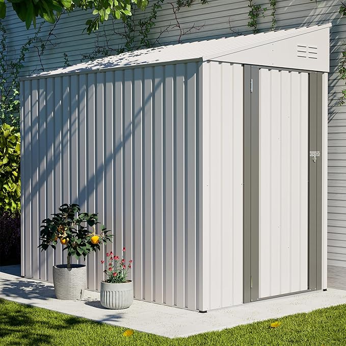 4x7 FT Outdoor Storage Shed Lean to Shed,Metal Shed W/Lockable Door & Air Vent,All Weather Waterproof Garden Tool House W/Reversible Installation,for Backyard,Patio,Lawn,White
