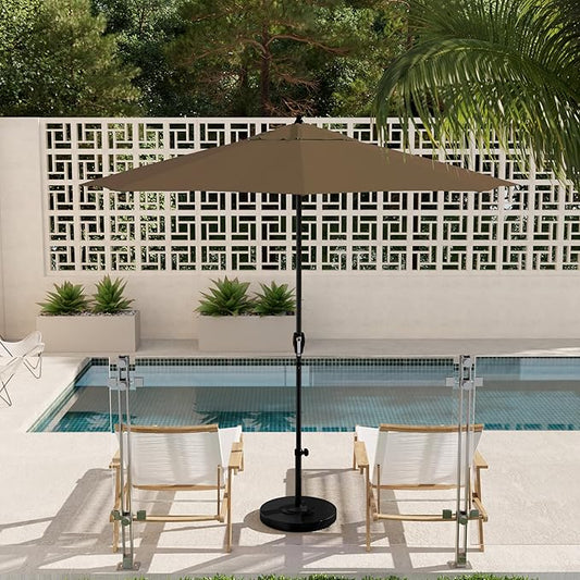 California Umbrella 9' Rd Aluminum Patio Umbrella, Crank Lift, Auto Tilt, Black Finish, Sunbrella Taupe