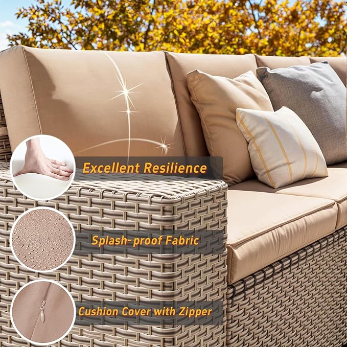 12 Pieces Patio Furniture Set, Outdoor Sectional Wicker Sofa with Thickened Cushions and Coffee Table, High Back Rattan Patio Conversation Sets for Garden Backyard, Khaki