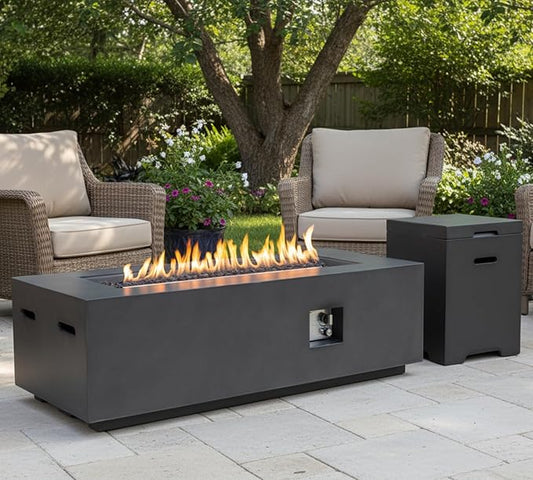 60-Inch Propane Fire Pit Table with Propane Tank Side Table,Set-2-Piece,60,000 BTU Concrete Gas Fire Pit with Free Rain Cover, Tank Seat, Lava Rocks, for Outside Patio Backyard,Dark Grey