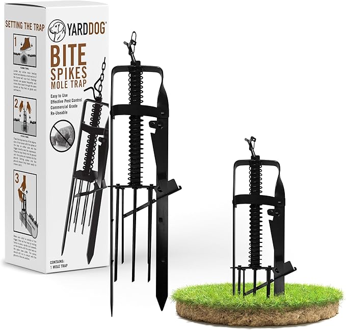 YARDDOG Bite Spikes Plunger Style Mole Trap – Commercial Grade Durable Steel Mole Trap for Lawns, Easy-to-Use Quick Capture Gopher Trap, Effective Plunger Style Mole Killer for Gardens, Black