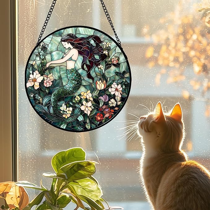 JOSUMALY Stained Glass Window Hanging - Teal Sleeping Mermaid Suncatcher for Door Terrace Garden Home Decor, Sea of Flowers Sun Catcher Birthday Gifts for Lovers Women Men Dad Mom Nana 15 in
