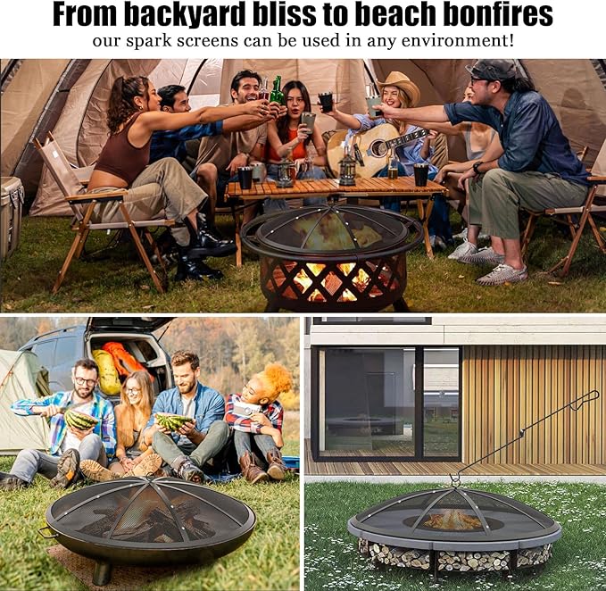 Fire Pit Spark Screen, 22Inch Fire Pit Lid Outdoor with Handle & Poker, Heavy-Duty Mesh Firepit Cove with 12 Reinforced Bars for Backyard/Beach/RV Camping
