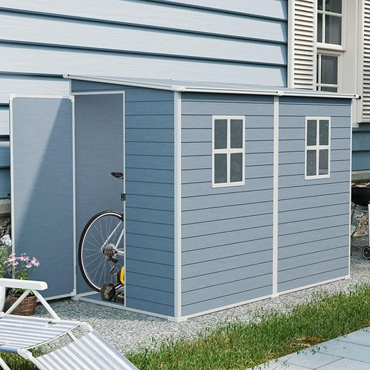 4x8 FT Outdoor Storage Shed Plastic Shed W/Floor,Resin Lean to Shed W/ 2 Windows & Lockable Door,Garden Tool House W/Air Vent & Sloped Roof,All Weather Waterproof for Backyard,Patio,Lawn,Grey