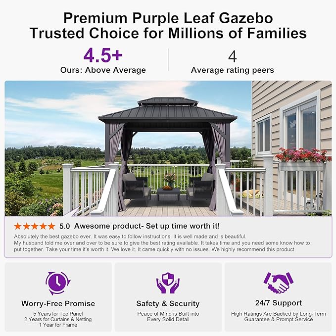 PURPLE LEAF 8'x10' Hardtop Gazebo with Lights Permanent Galvanized Steel Double Roof Outdoor Patio Pavilion Including Netting and Curtains for Garden Backyard Grey