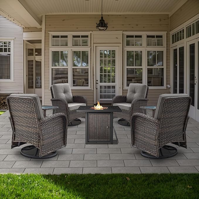 Belord 7-Piece Modern Brown Wicker Patio Conversation Set - 4 Swivel Glider Chairs, 2 Side Tables & 30" 50,000 BTU Propane Fire Pit Table
