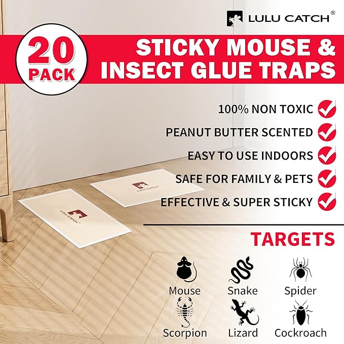LULUCATCH Mouse Traps, 20 Pack Pre-Baited Sticky Mouse Traps Indoor for Home, Non-Toxic Bulk Sticky Pads, Glue Traps for Rats, Bugs, Spider, Mice, Cockroach, Pet Safe Pest Control
