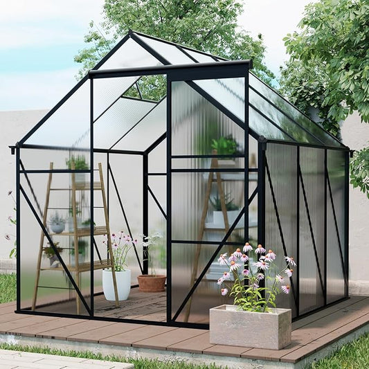 6×6 FT Compact Polycarbonate Greenhouse for Outdoors, Walk-in Aluminum Green House with Sliding Door, Raised Base & Roof Vent, Small Outdoor Greenhouse for Backyard Winter Use, Black