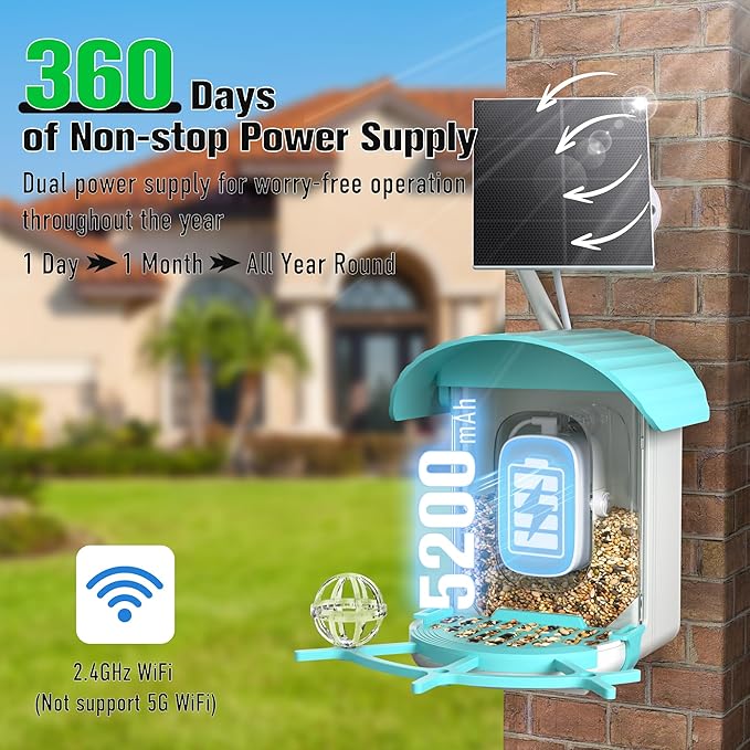 Voxblend Bird Feeder with Camera 3W Solar Powered Panel: Smart Bird Feeder for Outdoors with AI Birds Identify Auto Capture, 2K Live Video, Instant Arrival Alert, Ideal Gift for Parents (Blue)