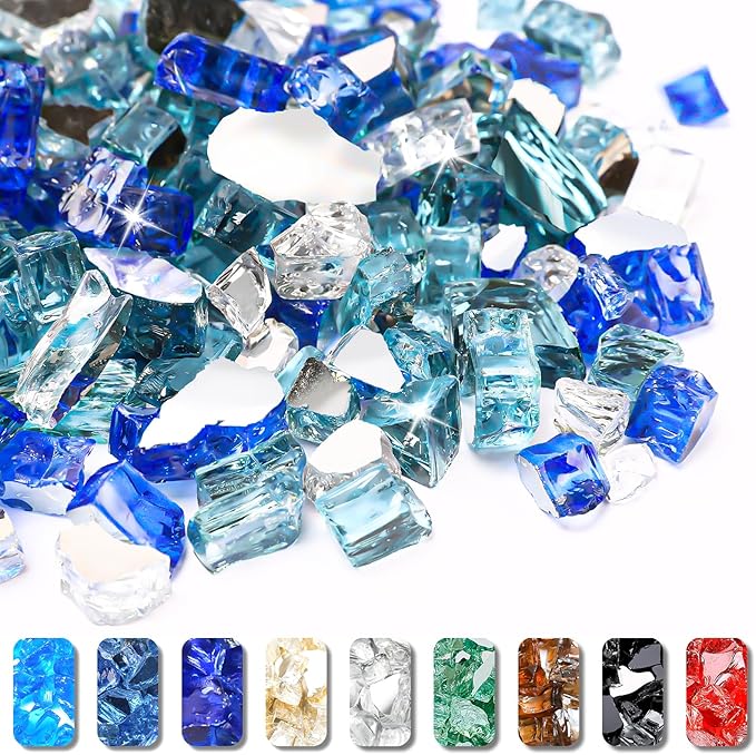 GRISUN Fire Glass for Fire Pit, 20 Pounds 1/2 Inch High Luster Reflective Tempered Glass Rocks for Natural or Propane Fireplace, Safe for Outdoors and Indoors Firepit Glass