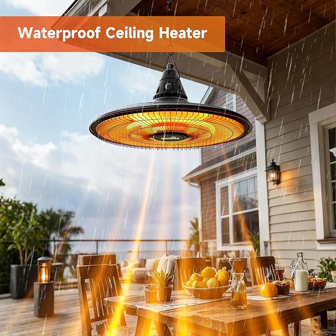 Ceiling Electric Outdoor Heater Wall-Mounted Hanging Patio 1500W Infrared 9 Heat Levels, 24H Timers, Carbon Fiber Tube Heating Wall Heater for Gazebo, Balcony (Black - Circular Heating)
