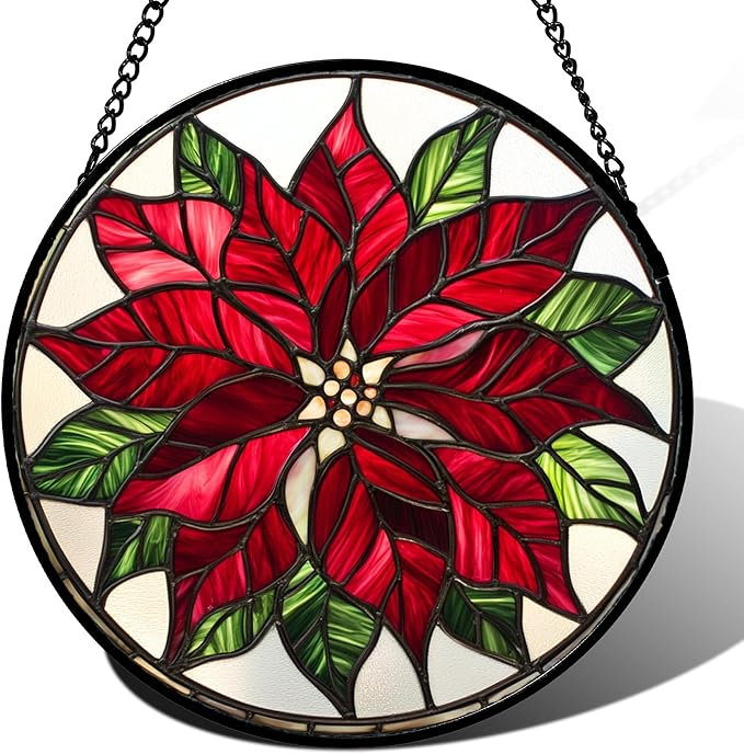 CRISGIF Stained Glass Window Hanging - Red Poinsettia Birth Flower Suncatcher for Door Garden Yard Sun Catchers Decor Christmas Mother's Day Birthday Gifts for Women Mom Nana Friend Men 9.8 in