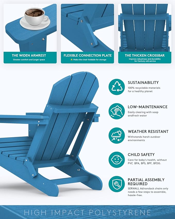 SERWALL Folding Adirondack Chair Set of 8 for Patio Garden Outdoors Fire Pit- Sapphire