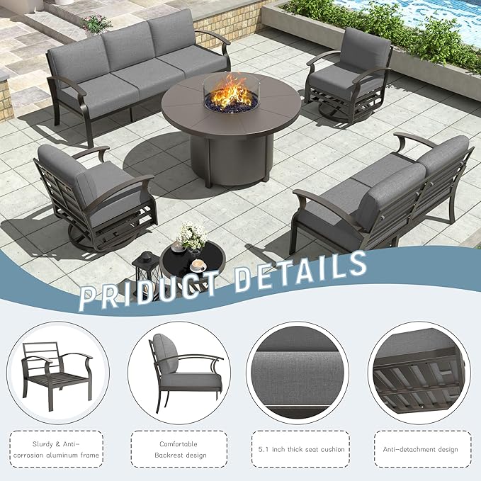 Aluminum Patio Furniture Set with Round Fire Pit Table, 7 Seats Outdoor Conversation Sets Modern Metal Patio Sectional Sofa with Upgrade Cushions for Patio, Backyard Grey