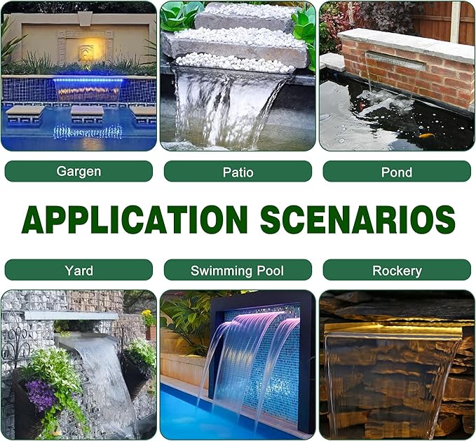 Waterfall Pool Fountain, LONGRUN Acrylic Waterfall Spillway for Pools and Ponds - 11.8" Wide Decorative Water Feature for Swimming Pools, Koi Ponds, and Garden