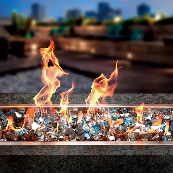 Onlyfire 10 Pounds Blended Reflective Fire Glass for Fire Pit Fireplace and Landscaping, 1/2 Inch Mixed Colored High Luster Fireglass Rocks for Outdoor and Indoor Use - Aqua Blue+Platinum+Copper