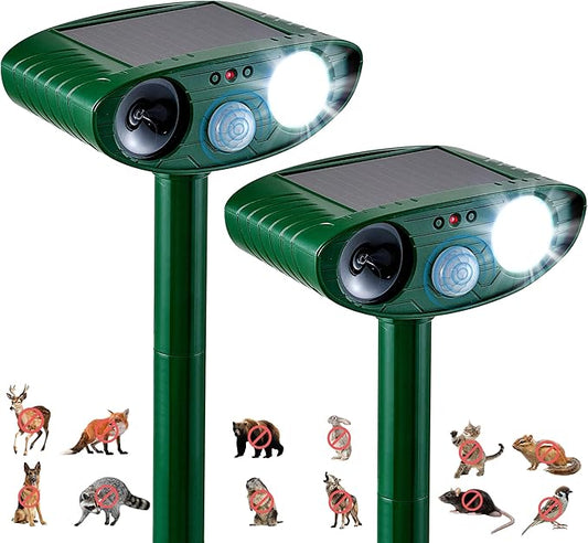 2 Pack Outdoor Solar Animal Repeller - Ultrasonic & Strobe Light, Deterrent for Cats, Dogs, Raccoons, Rabbits, Skunks, Foxes & More