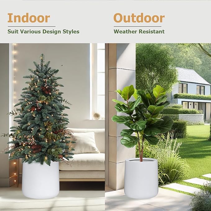 14"H x 13.7"D Conico Fiberstone Round Planter - Christmas Tree Planter, Smooth Finishes, Weather Resistant for Indoor and Outdoor Use, Included 2 Extra Coco Mats (White, 10.6" Pot Opening)