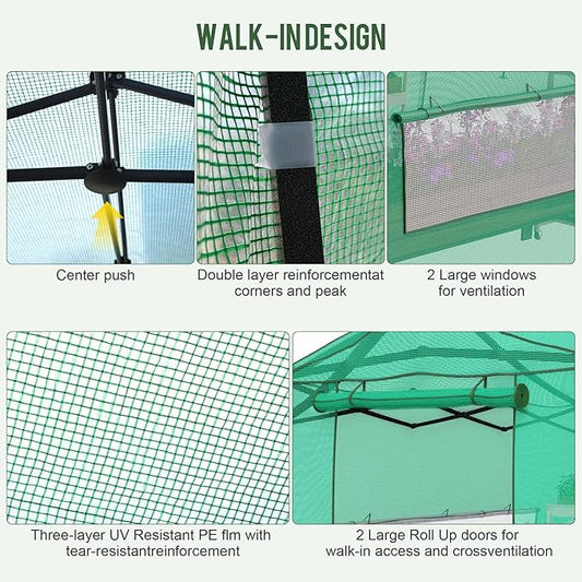 8.5 x 7 ft Large Walk-in Pop-Up Greenhouse, Portable Plant Tent with 4 Zipper Doors & 3 Height Adjustments, Heavy-Duty PE Cover for Outdoor/Indoor Use in All Weather