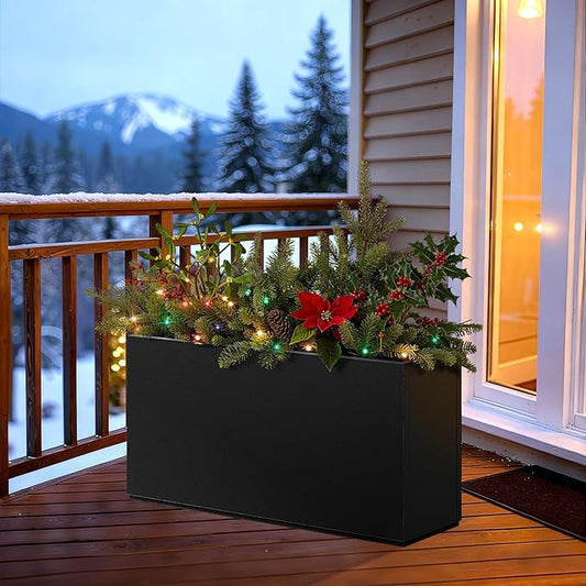 FENCY Metal Rectangular Planter Box, Large Planters for Outdoor Plants, Tall Planters for Outdoor Plants with Drainage Holes (32" L x 10" W x 16.3" H,Black)
