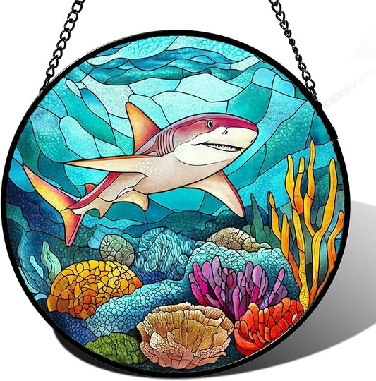 HKDGOKA Stained Glass Window Hanging Ocean Colorful Seaweed Shark 6.3" - Suncatcher Door Garden Sunroom Sun Catcher Home Decor Birthday Christmas for Mom Men Woman Nana