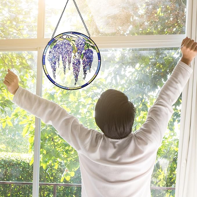 Stained Glass Suncatchers Window Hanging, Wisteria Flower Sun Catchers Indoor Window Stained Glass Hanging Garden Decor, Birthday Gifts for Mom Grandma Aunt Sister Bestie 6.3 in