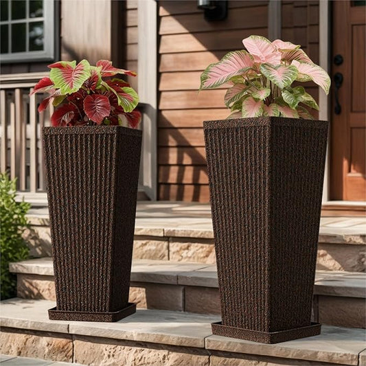 Tapered Tall Planters for Outdoor Plants 2 Pack- 23.6 Inch Heavy-Duty Classic Square Indoor Flower Pots with Drainage Holes/Partition/Tray, Large Outdoor Planters for Porch Patio, Brown