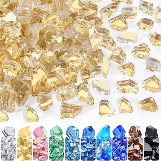GasSaf 1/2 Inch Fire Glass Reflective Tempered Fireglass Cut Crushed FireGlass for Fire Pit, Fireplace, Replaces Existing Gas Logs & Lava Rocks (10 Pound)(Gold Reflective)