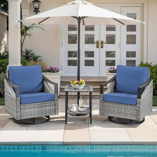 3 Pieces Outdoor Patio Furniture Sets - Wicker Swivel Patio Rocker Chairs Set of 2 with Glass Side Table, High Back Swivel Glider Chair with Deep Seating for Porch Deck Balcony Garden Gray/Blue