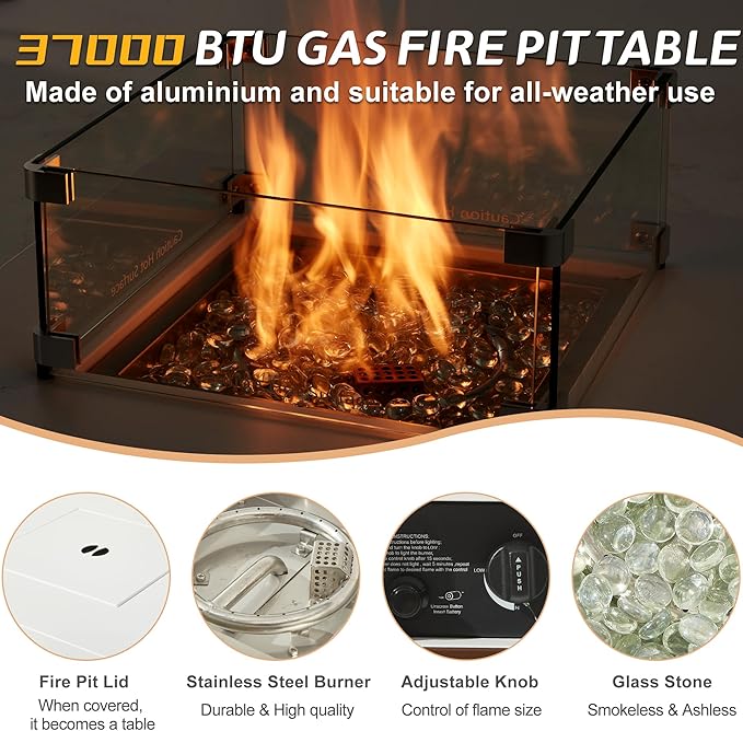 22" Aluminum Fire Pit Table, 37,000 BTU Gas Firepit for Outdoor Patio Deck and Garden, CSA Certified Fire Pit with Lid, Waterproof Cover, Glass Wind Guard and Glass Stone, Brown