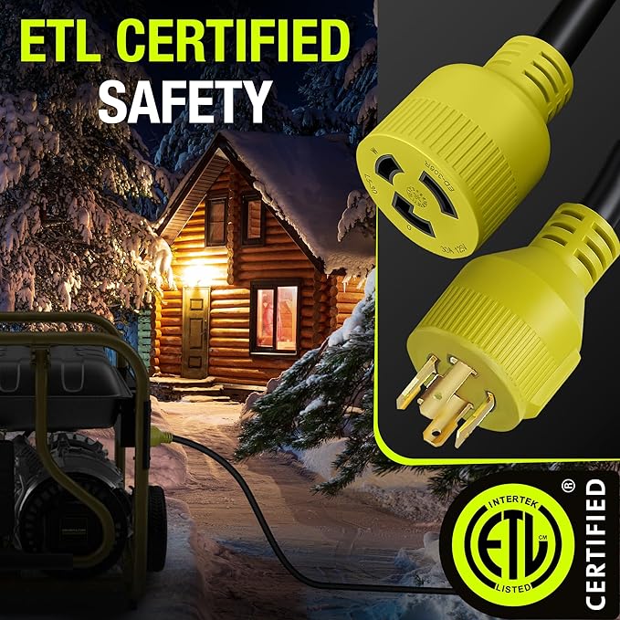 25ft Generator Extension Cord 30 AMP 3-Prong (L5-30P/L5-30R) - 10AWG3 125/250V STW - Hook and Loop Strap ETL Listed by LifeSupplyUSA
