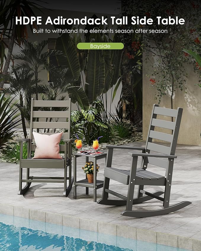 GREENVINES Tall-Outdoor-Side-Table | 23.5" | HDPE Plastic | Patio Adirondack End Tables | All Weather | 2-Tier | Grey | for Porch Garden Indoor & Rocking Chairs