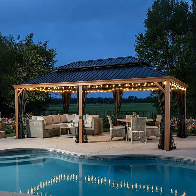 PURPLE LEAF 14' X 28' Outdoor Hardtop Gazebo for Patio Galvanized Steel Double Roof Permanent Canopy Teak Finish Coated Aluminum Frame Pavilion Gazebo with Netting and String Lights