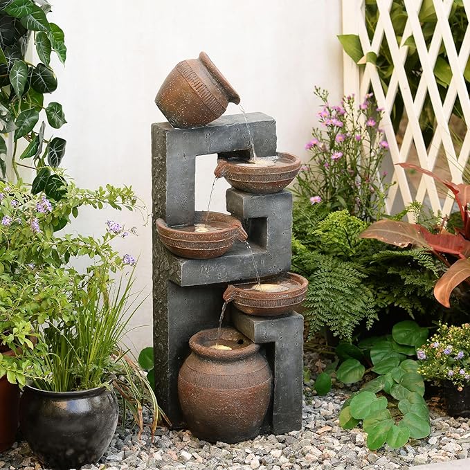 Bumilgar 33.8" H Water Fountain Outdoor with LED Lights & Pump, 5-Tier Cascading Outdoor Fountain for Garden,Patio,Porch,Backyard,Home Art Decor (Brown)