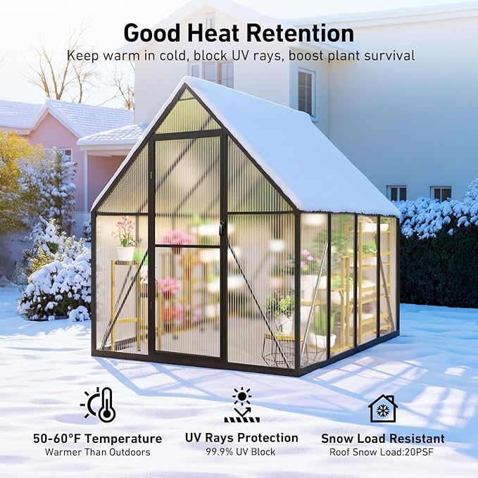 6x7.5FT Outdoor Greenhouse, Polycarbonate Green House, Small Walk-in Greenhouse with Vented Roof Window, Windproof Aluminum Frame with Hygrometer , Suitable for Gardening