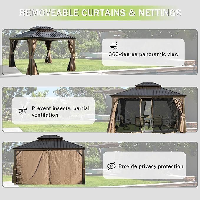 Domi 10x13FT Outdoor Gazebo, Hardtop Gazebo with Galvanized Steel Double Roof, Metal Gazebos with Drainage System Patio Pergola for Patio Deck Backyard,Curtain and Netting,Brown