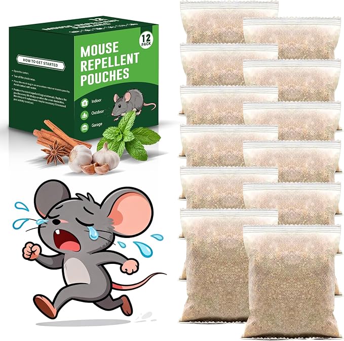 Mouse Repellent Pouches (12 Pack) - Powerful Mice Repellent Indoor & Outdoor, Long-Lasting Rodent Repellent with Natural Peppermint Oil - Safe for Pets & Family, for Use in Garage, Car, Garden