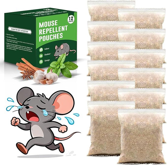 Mouse Repellent Pouches (12 Pack) - Powerful Mice Repellent Indoor & Outdoor, Long-Lasting Rodent Repellent with Natural Peppermint Oil - Safe for Pets & Family, for Use in Garage, Car, Garden