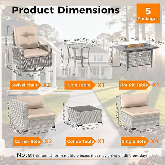8-Seat Outdoor Wicker Patio Furniture Set with Fire Pit Table, Modular Rattan Sectional Sofa & 2 Swivel Rocking Chairs, 4" Thick Cushions, Rust-Resistant Frame,Beige